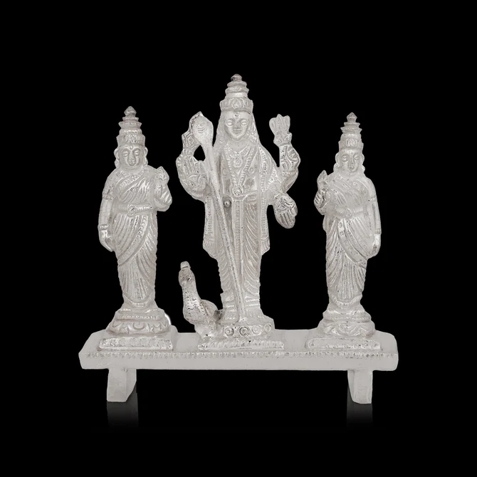 Murugar with Valli Deivanai Murti - 2.75 x 2.75 Inches Silver Idol